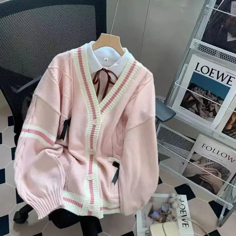 Japanese bow sweater jacket for women's autumn and winter new loose and trendy design knitted sweater