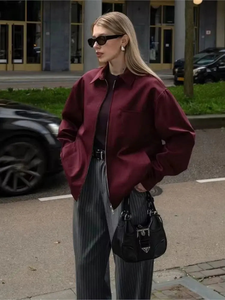 HH Autumn Bomber Jacket For Women Fashion High Street Long Sleeve Zipper Coat Casual Loose Elegant Solid Female Outerwear