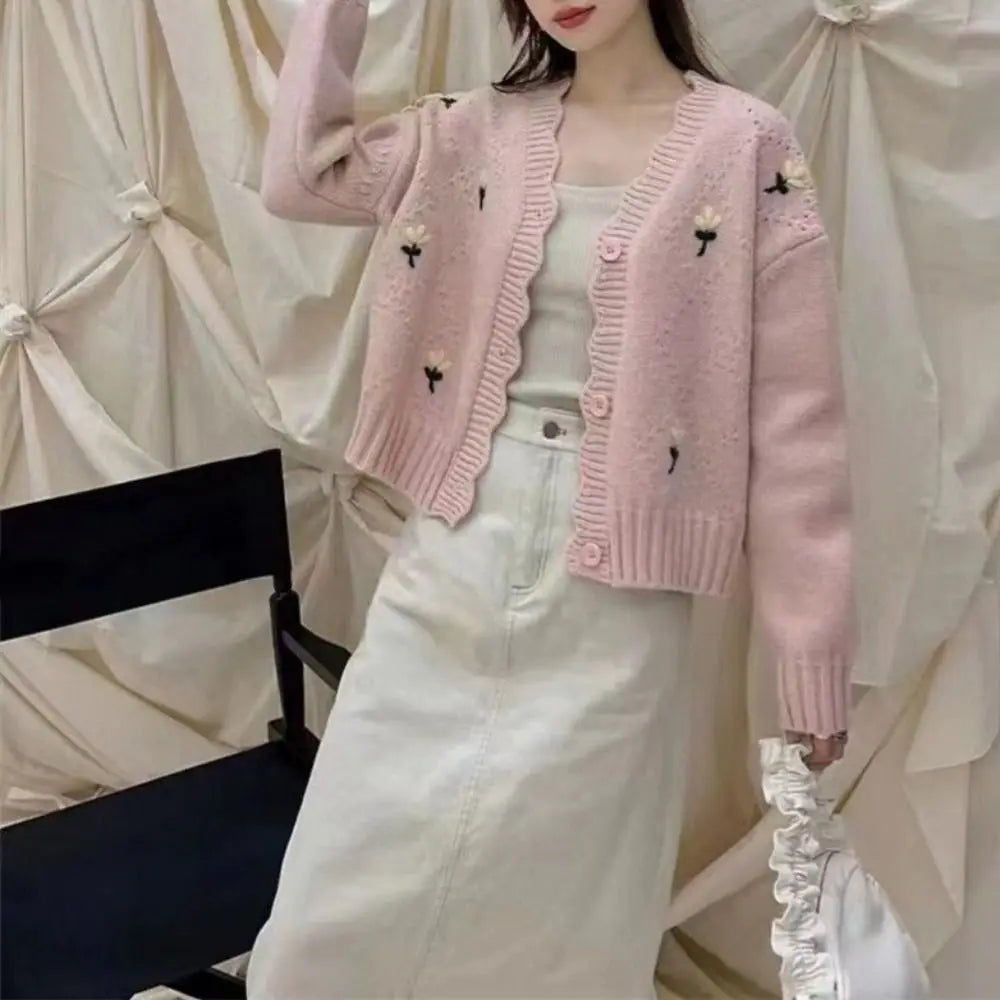 Candy Color Short Knitted Sweater Long Sleeve Flower Embroidery Women Knitted Cardigan Slim INS Korean Style Sweater Female