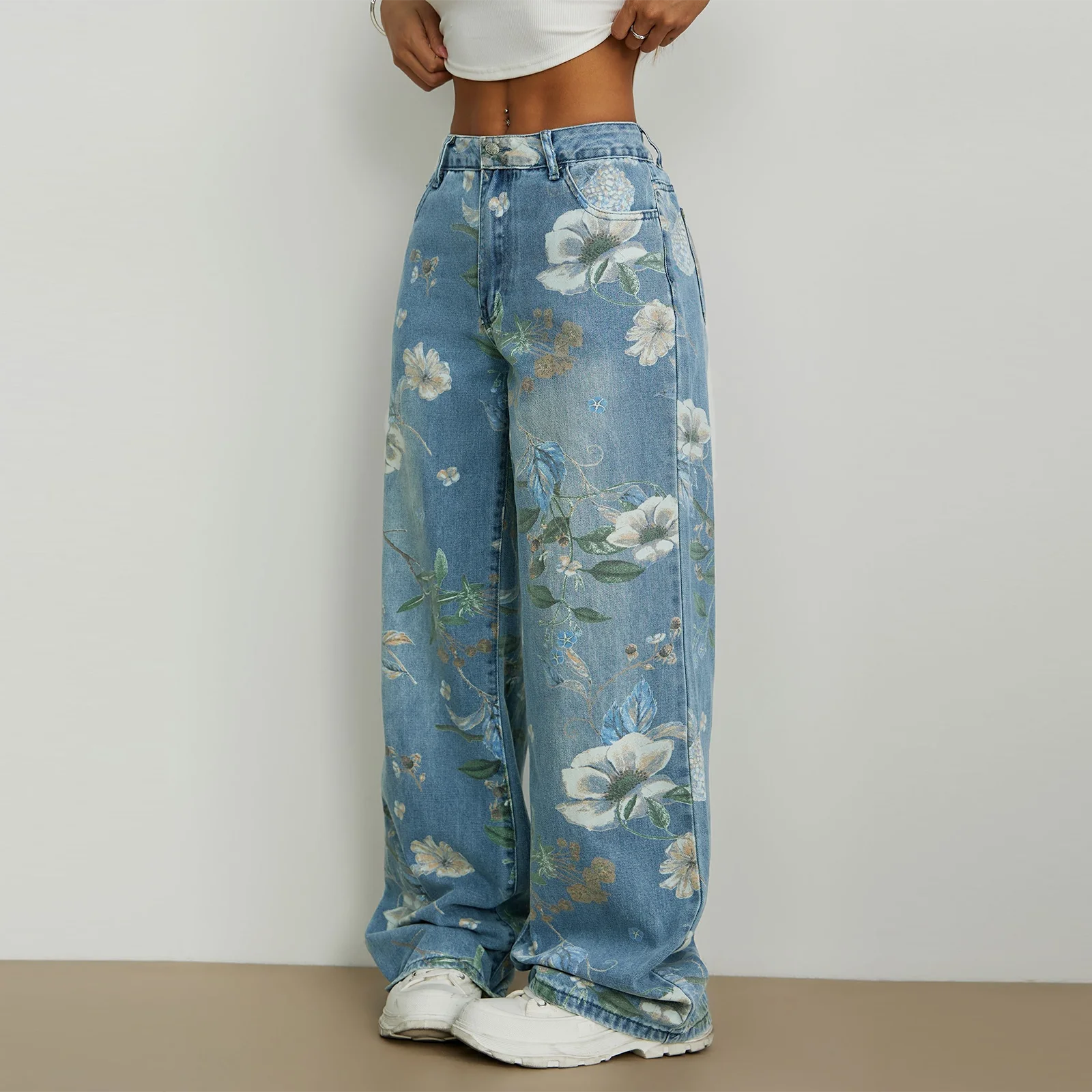 2025 New Y2K Women's Floral Print Denim Pants Lightweight Mid Waist Loose Wide Leg Jeans Trousers