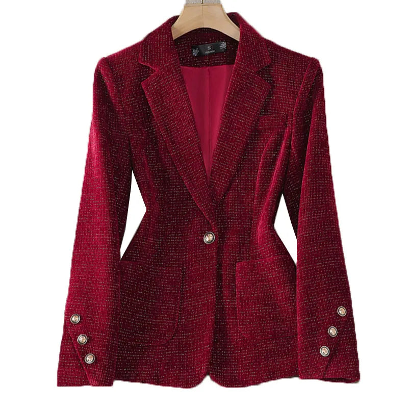 Fashion Women Blazer Ladies Red Khaki Black Long Sleeve Blazer Female Casual Business Jacket Autumn Velvet Suit Female Outerwear