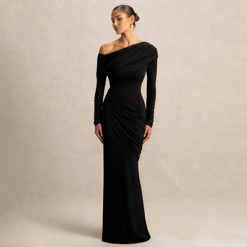 CUTENOVA Women'S Fall/Winter New Arrival Solid Color Elegant Fitted Asymmetrical Neckline Pleated Long Dress Chic Party Dress