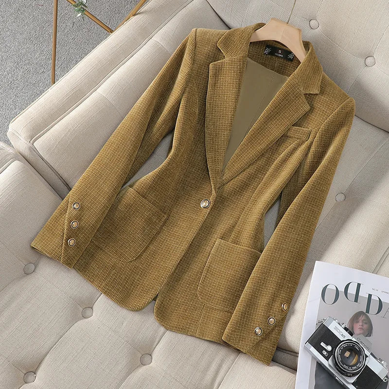 Fashion Women Blazer Ladies Red Khaki Black Long Sleeve Blazer Female Casual Business Jacket Autumn Velvet Suit Female Outerwear