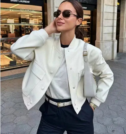 MUJER 2025 Woman Bomber Jacket White Autumn Winter Button Cropped Jackets for Women Fashion Long Sleeve Women Coats Outerwears