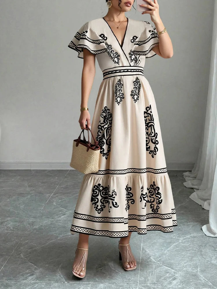 Rafiah Women's Even Dress 2025 Summer Modest Fashion Graphic Printing Short Petal Sleeve V-Neck Midi Draped Long Dress
