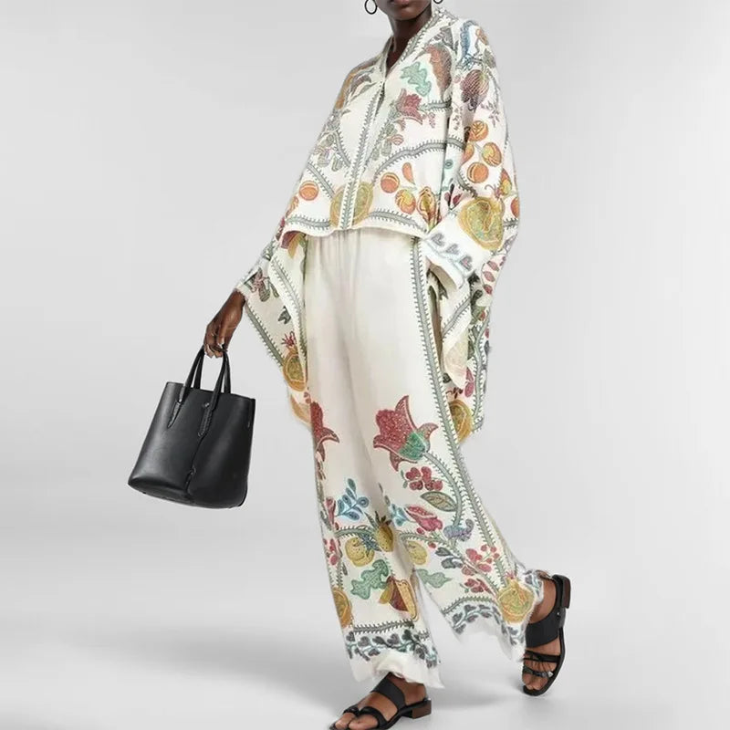 2025 Autumn Fashion Trend Women's Suit Retro Print Irregular Loose Long-sleeved Shirt + Casual Elastic Waist Wide-leg Pants Suit