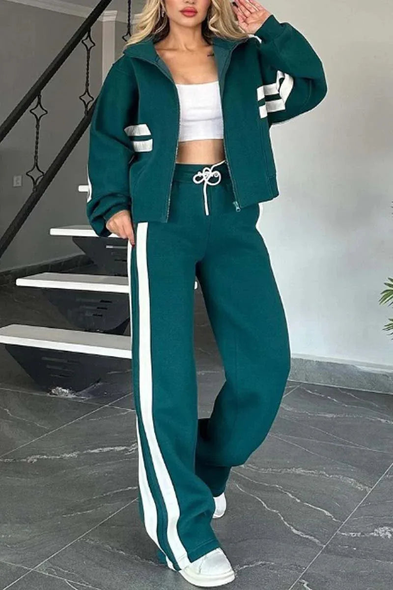 Fashion Long-sleeved Stand-up Collar Zipper Top + Wide-leg Pants 2-piece Set Women Autumn Striped Splicing Sport Suit Female Y2K