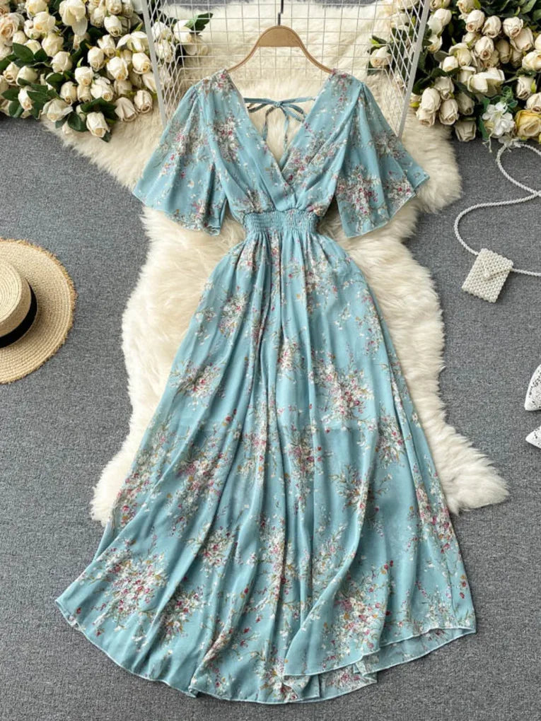 2025 Women Summer Dress Short Flare Sleeve V-neck Chiffon Maxi Dress Boho Style Floral Print High Waist A-line Beach Long Dress