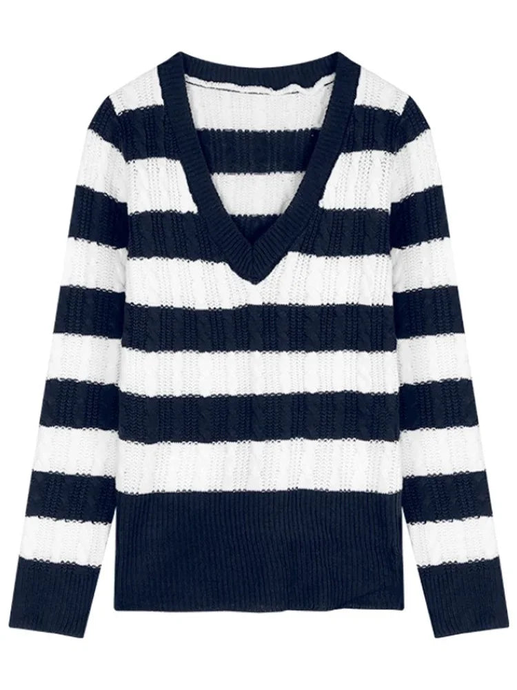 Fashion Korean Style Striped V-neck Women's Sweater Autumn Winter Elegant Long-sleeved Knitwear Casual Slim-fitting Shirt