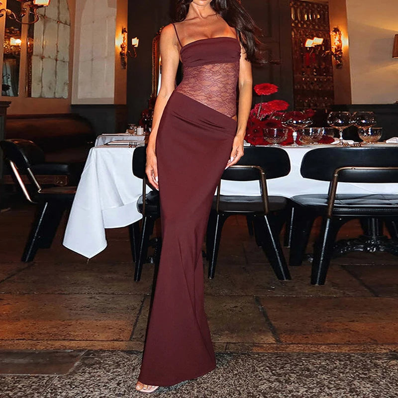 Spring/Summer Sleeveless Lace Splicing Slip Dress New Solid Color Suspender Strap Elegant Bodycon Sexy Party Evening Long Dress