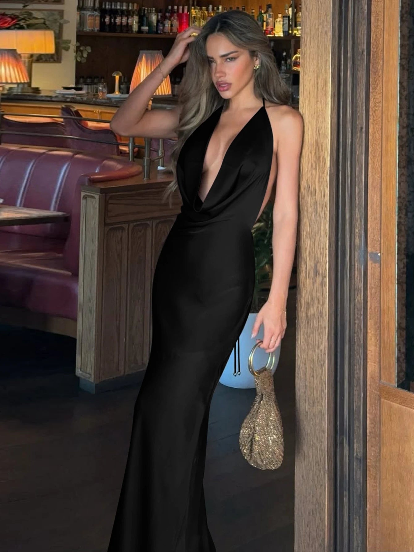 Dulzura Summer Latest Fashion Swinging Collar Backless Lace Up Slim Long Dress Women'S Sexy Elegant Dress Party Club Prom Outfit