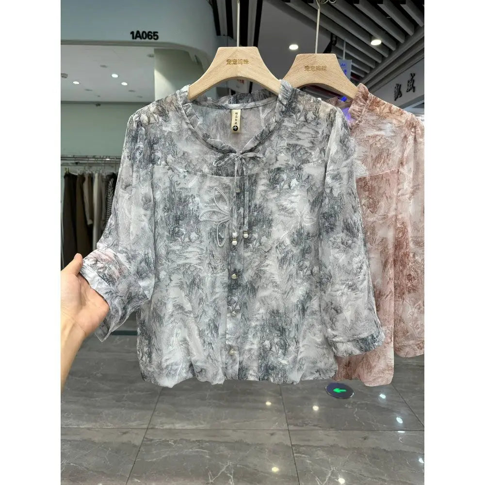 Fashion Printed Shirt for Women 2025 Summer New Seven-point Flared Sleeve Top