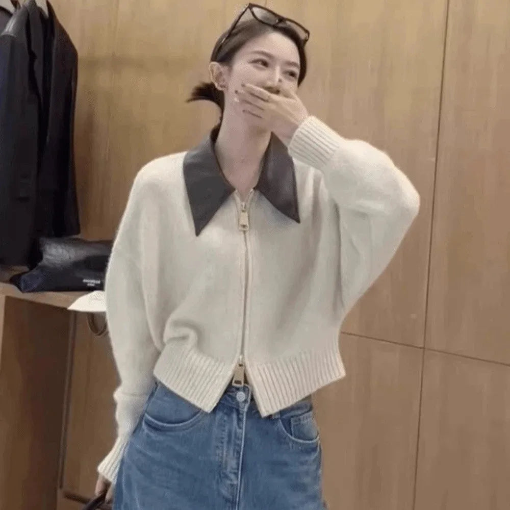 Leather Collar Zipper Front Sweater Cardigan Sewing Pattern Long Sleeved Flip Collar Sweater Knitted Korean Style Crochet Top