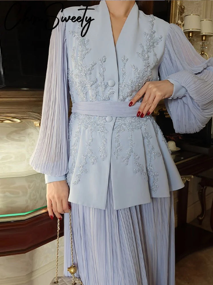 Elegant 3D Flower Solid Women Top Set  V-neck Lantern Sleeve A Line Pleated Lady Skirt Sets 2025 Autumn Female Suit New