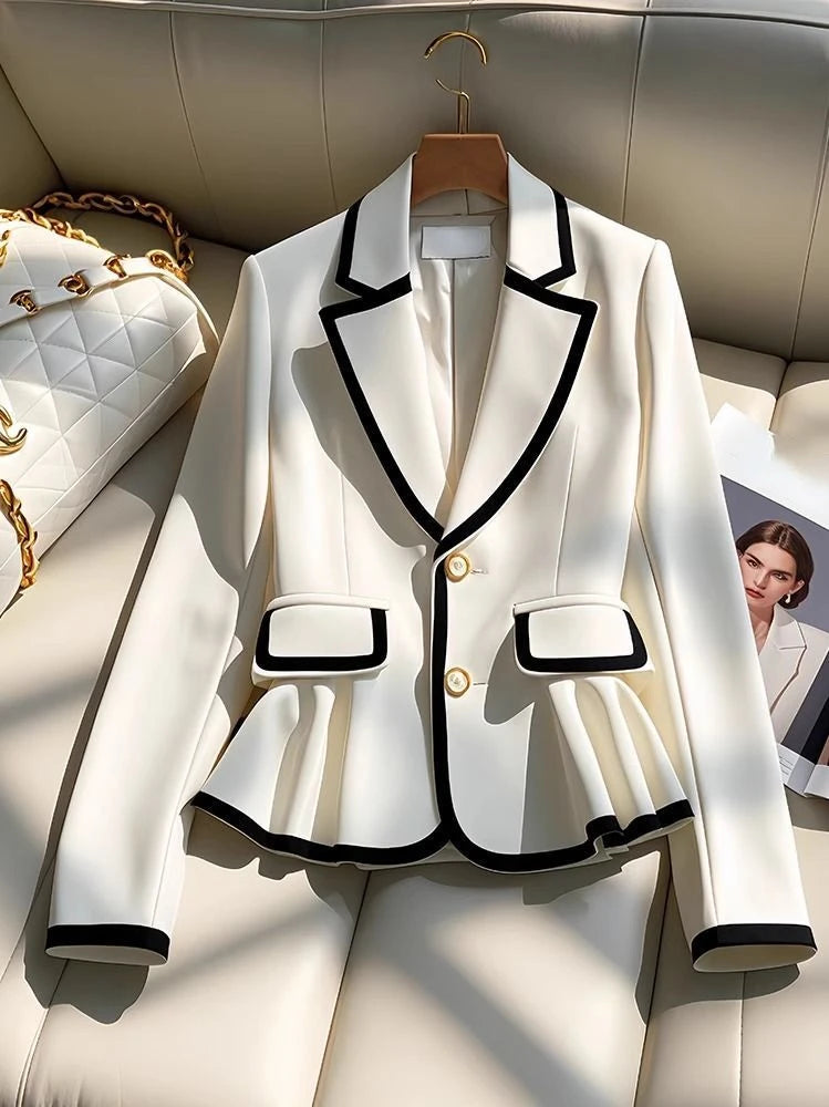 French Elegant Blazers Notched Collar Long Sleeve Ruffles Contrast Color Coats Spring Autumn Female Slim Design Women's Clothing