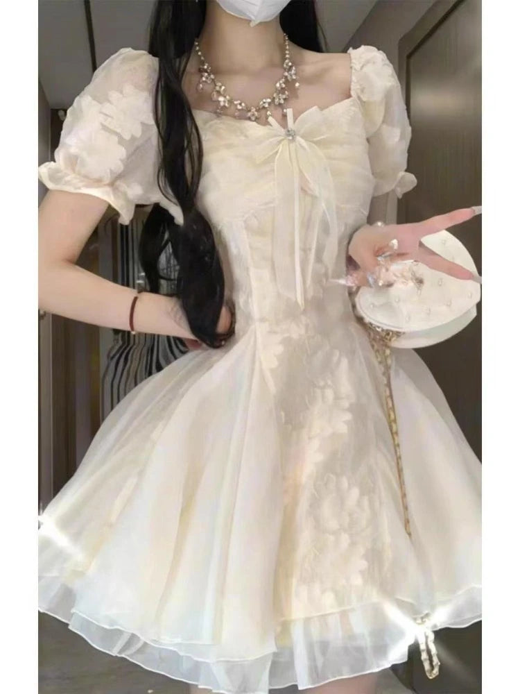 Summer French Sweet Pure Style First Puff Sleeve Lace Trim White Dress Women Slim Fit Waist A-Line Short Dress Elegant Clothes