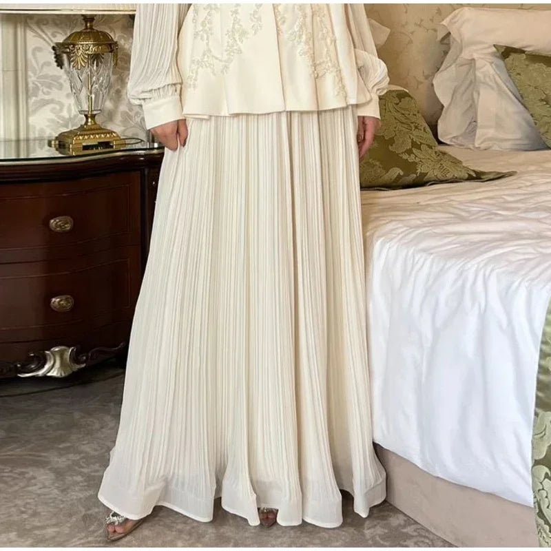 Elegant 3D Flower Solid Women Top Set  V-neck Lantern Sleeve A Line Pleated Lady Skirt Sets 2025 Autumn Female Suit New