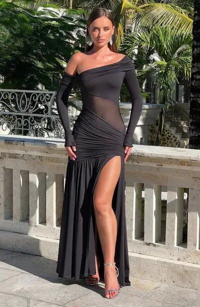 Slanted shoulder long sleeved high slit dress slim fit daily high street punk high street style elegant temperament party dress