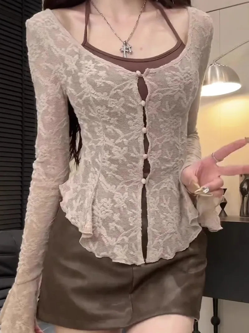 Flare Sleeve Cardigan Women Slim Fit Chic Lace Sweet Spicy Girls Korean Fashion Autumn Sexy All-match Stylish Ins Harajuku Mujer