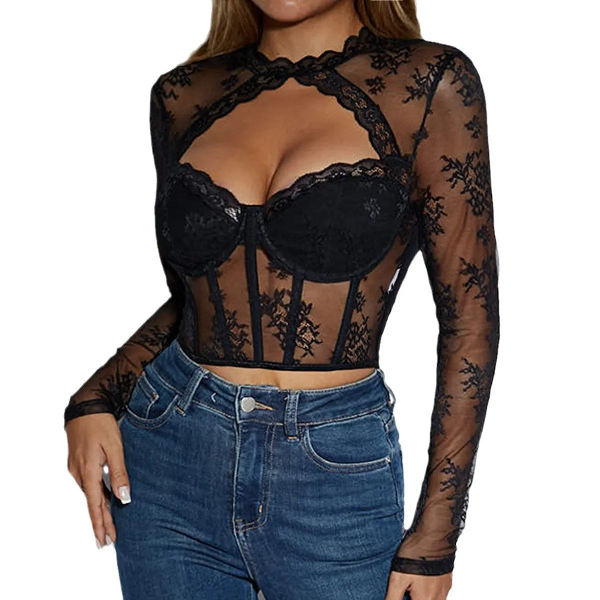 2025 Women T-Shirt Tops Casual Basic Solid Camis Slim Sexy Floral Lace Hollow Round Neck Long Sleeve See-Through Slimming Top