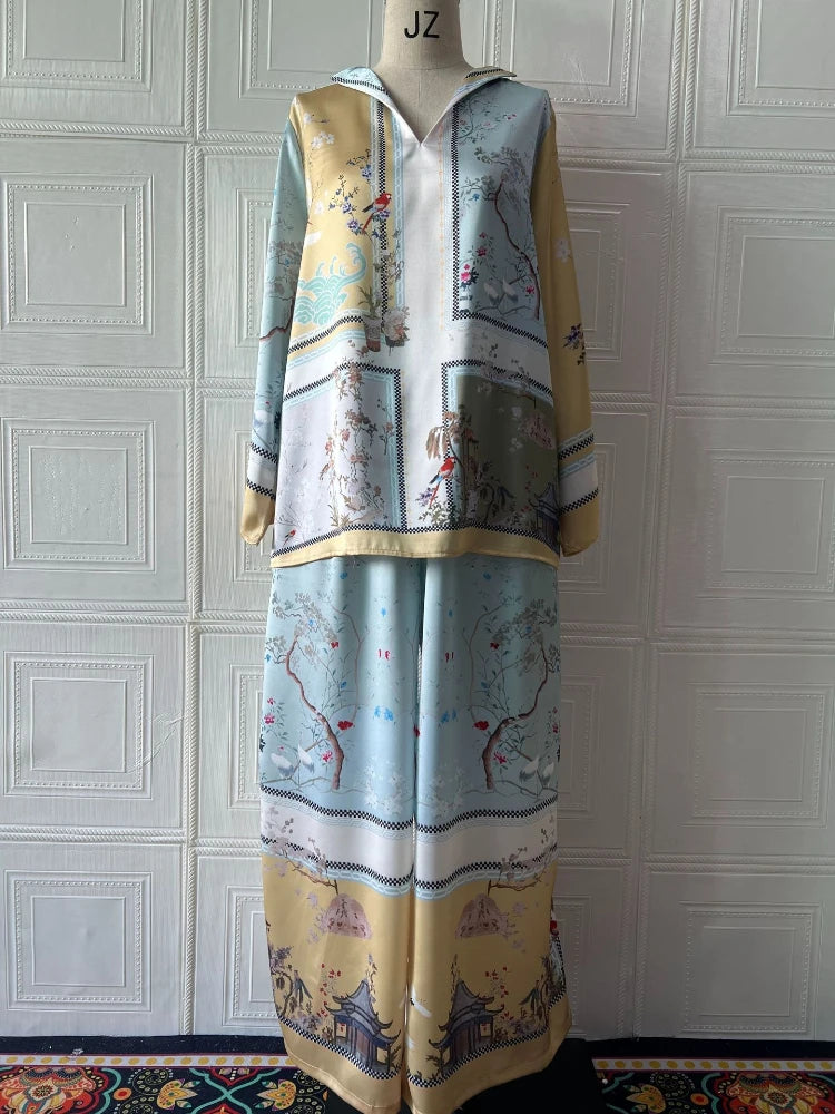 Women's Two Pieces Set Summer New Elegant Printed Long Sleeves V Neck Top Suits Fashionable Casual Loose Wide Leg Pants Sets