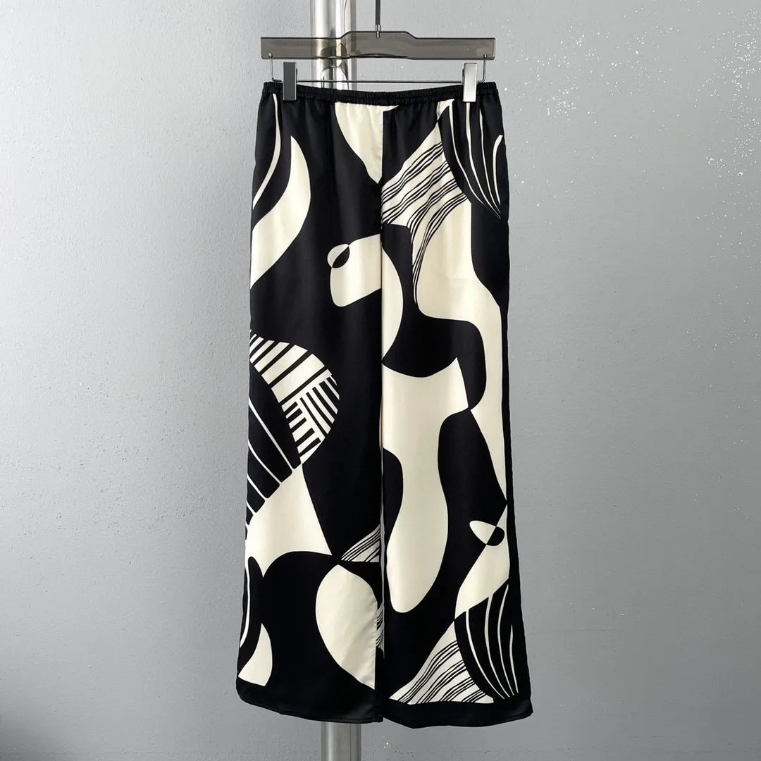 Spring Summer Women Chic Lapel Long Sleeved Blouse Top Fashion Loose Straight Leg Pants Digital Print 2 Piece Set Streetwear