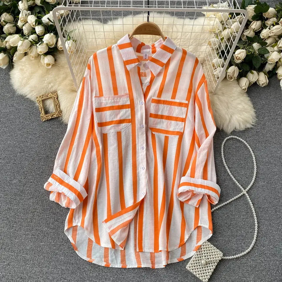 Striped Blouses Women Midi Shirt Single Breasted Cardigan Shirts Loose Turn Down Collar Spring Casual Button Streetwear