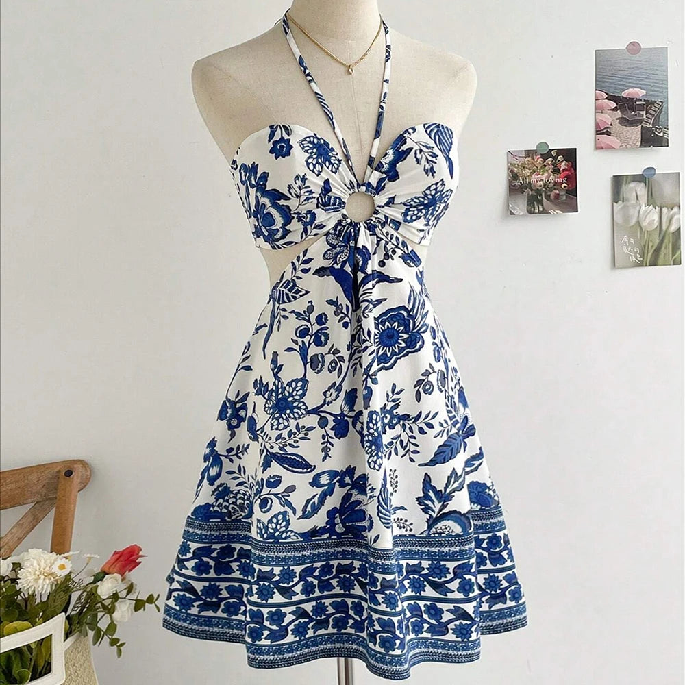 Dresses Spring Summer Sexy Decent Floral Sleeveless Halter Neck Mini Vacation Cami Dresses For Women