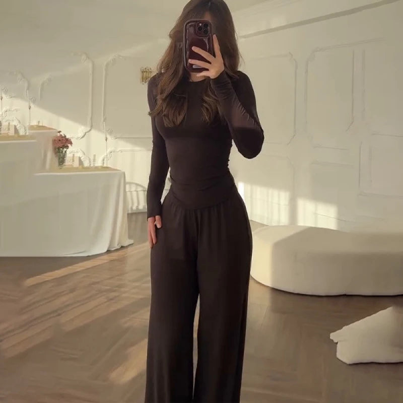 Solid Top Trousers Women Set Slim Long Sleeve O-neck Tops Pleated Straight Pocket Pants 2026 Spring Summer Vacation Lady Outfit