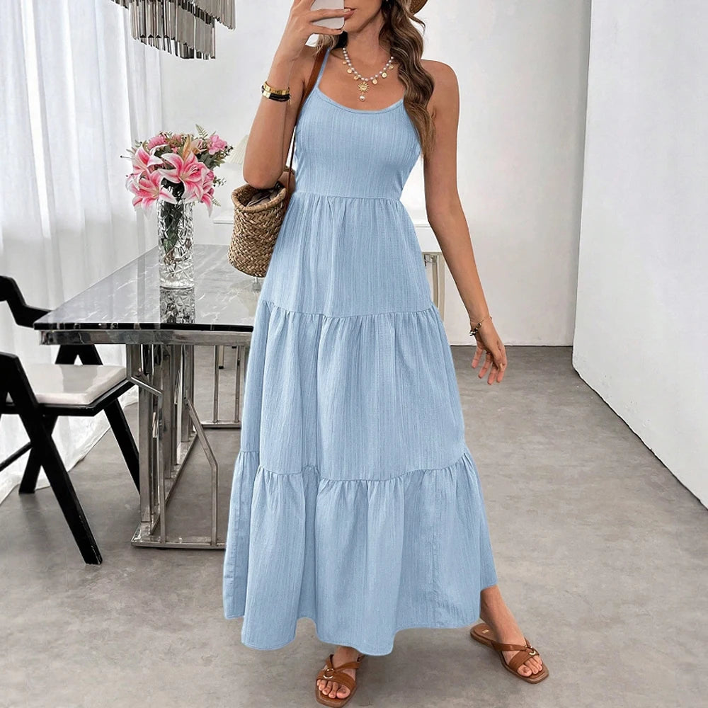 2025 Women's Summer Dresses Beach Style Plain Bowknot Backless Spaghetti Strap Scoop Neck Layered Midi Basics Dresses