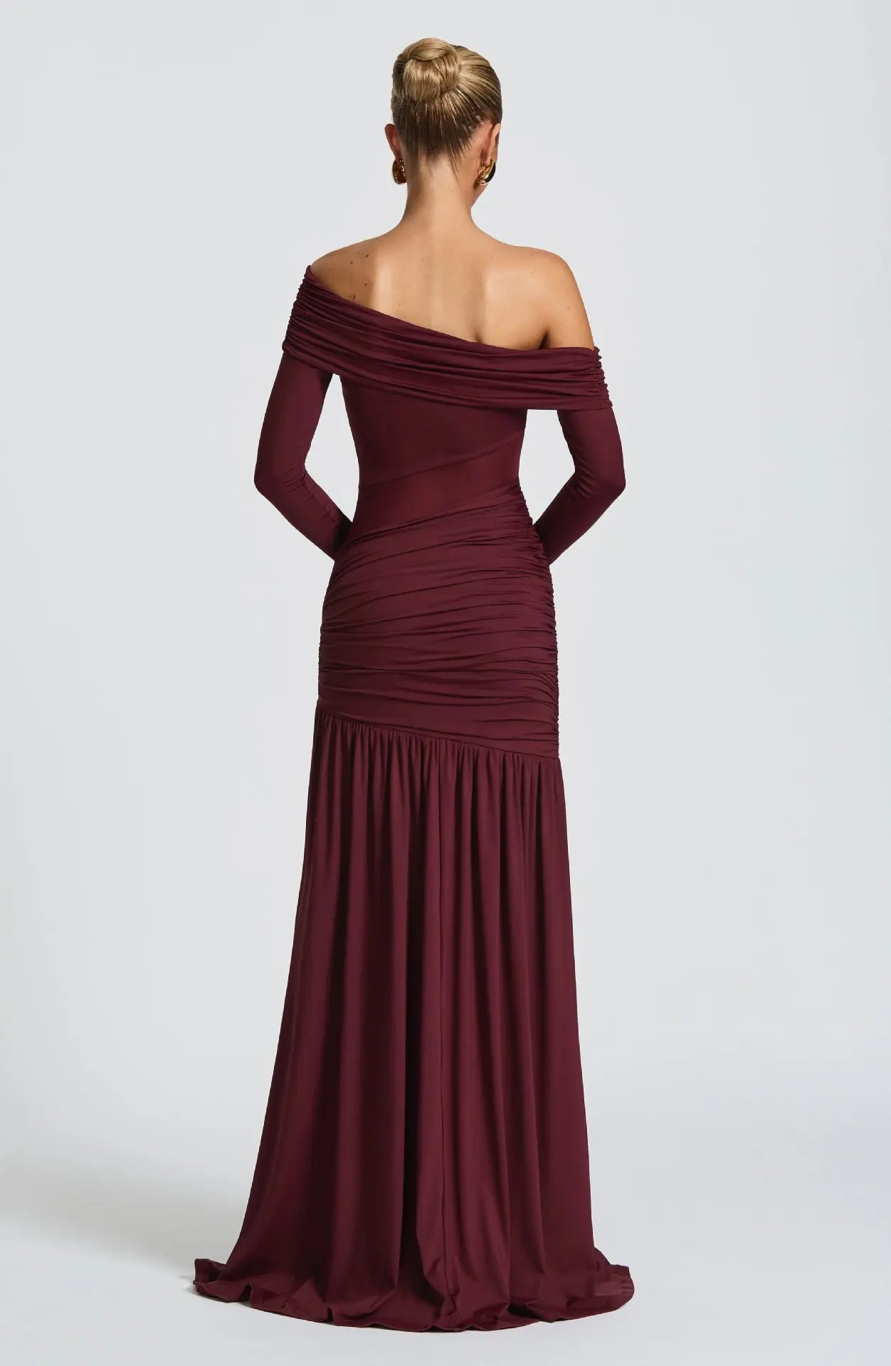 Slanted shoulder long sleeved high slit dress slim fit daily high street punk high street style elegant temperament party dress