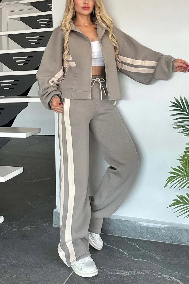 Fashion Long-sleeved Stand-up Collar Zipper Top + Wide-leg Pants 2-piece Set Women Autumn Striped Splicing Sport Suit Female Y2K