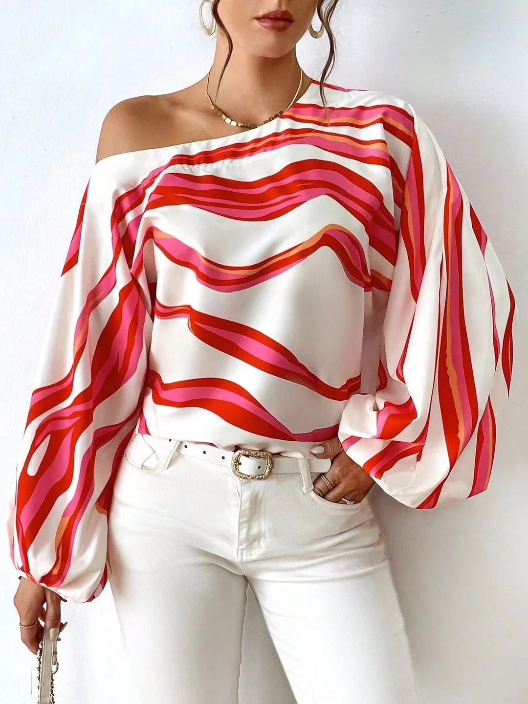 Women's Clothing 2024 Spring Summer New Style Temperament Off Shoulder One Neck Fashionable Printed Loose Women's Shirt