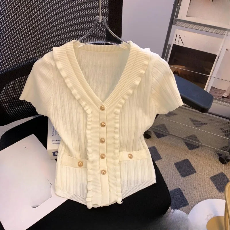 Knitted T Shirt For Women Solid Ruffles Spring Summer V Neck Elegant Ropa De Mujer Single Breasted Sweet T-shirts