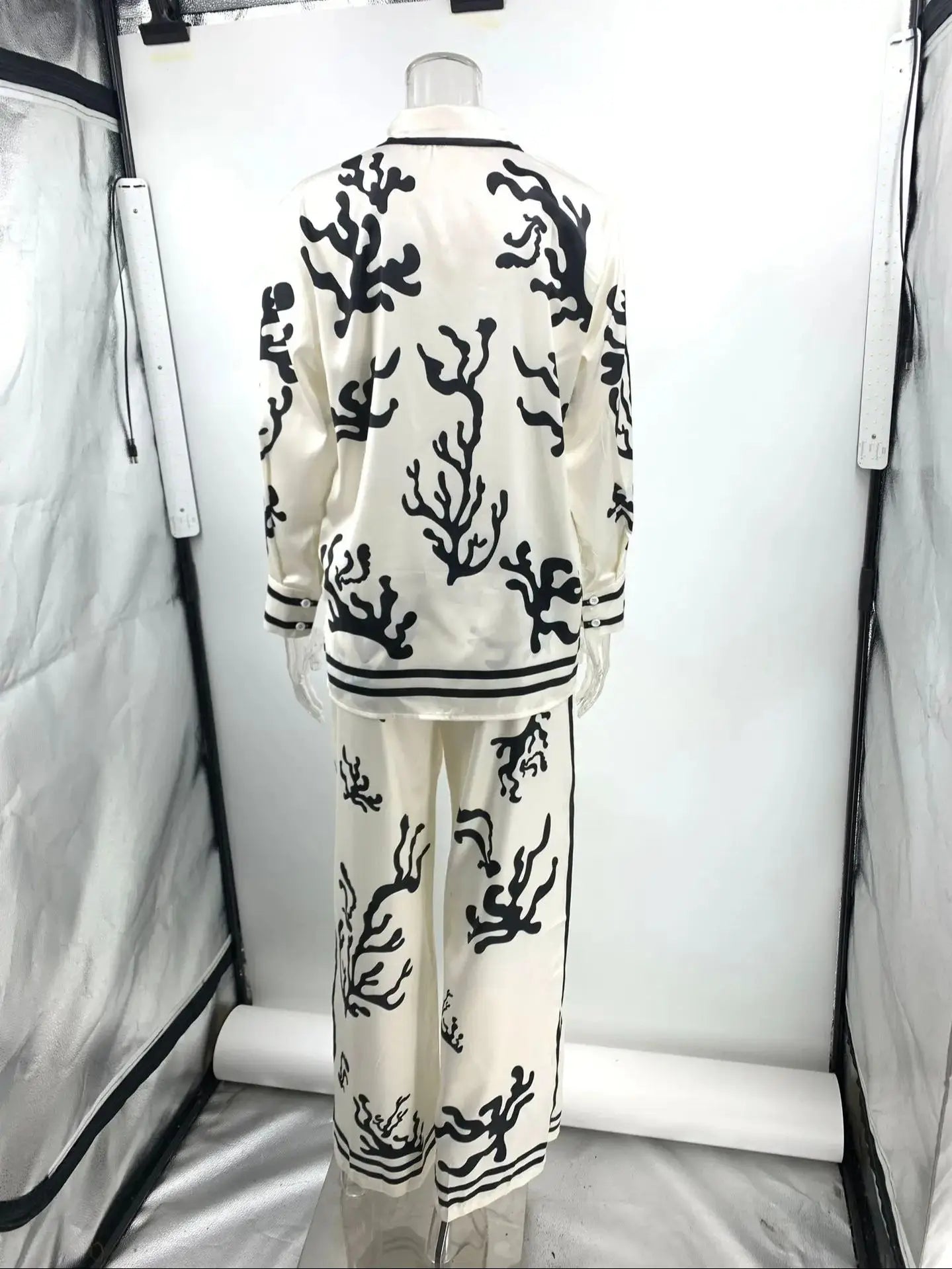 Women Casual Loose Two Piece Pants Sets 2024 New Autumn Satin Printing Long Sleeve Shirts Women Sets Fashion Women Outfits