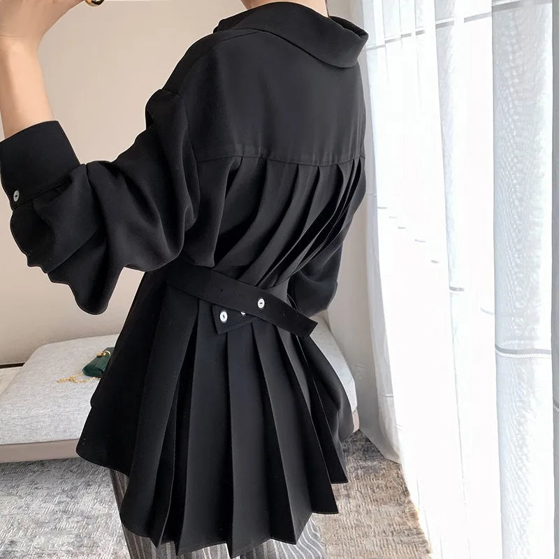Elegant Women Shirts Woman Waist Long Sleeve Lapel Single Breasted Sashe Shirt Office Lady Business Pleated Ruched Blouses Tops