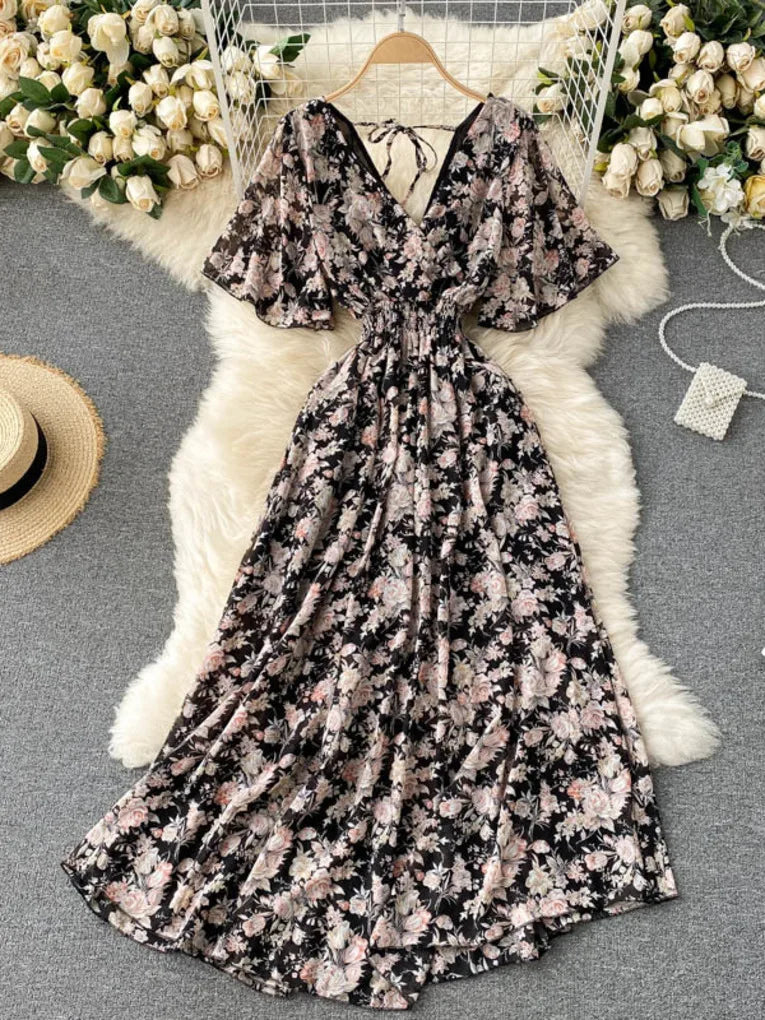 2025 Women Summer Dress Short Flare Sleeve V-neck Chiffon Maxi Dress Boho Style Floral Print High Waist A-line Beach Long Dress
