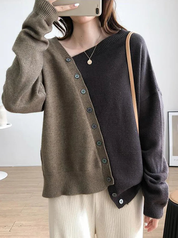Korean Fashion Baggy Sweater Patchwork Contrasting Color Loose Knitted Cardigan Women's Casual Long Sleeved Knitted Gilet