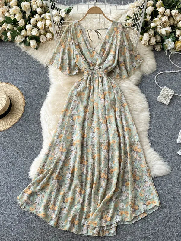 2025 Women Summer Dress Short Flare Sleeve V-neck Chiffon Maxi Dress Boho Style Floral Print High Waist A-line Beach Long Dress