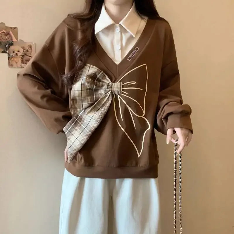 Fake Two-piece Bow-long Sleeve Sweatshirt for Women in Early Autumn Slimming Versatile Top