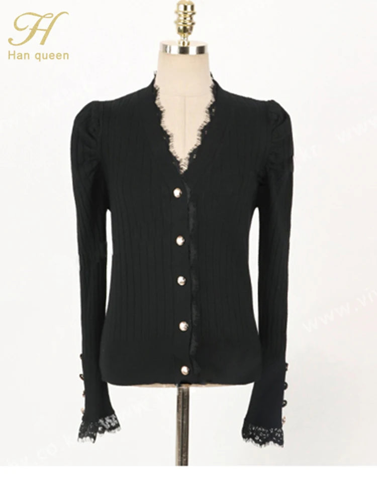 H Han Queen Korean 2 Pieces Set Women's Knitted Bottoming Vestidos Stitching Lace Black Single-breasted Mermaid Lady Skirt Suit