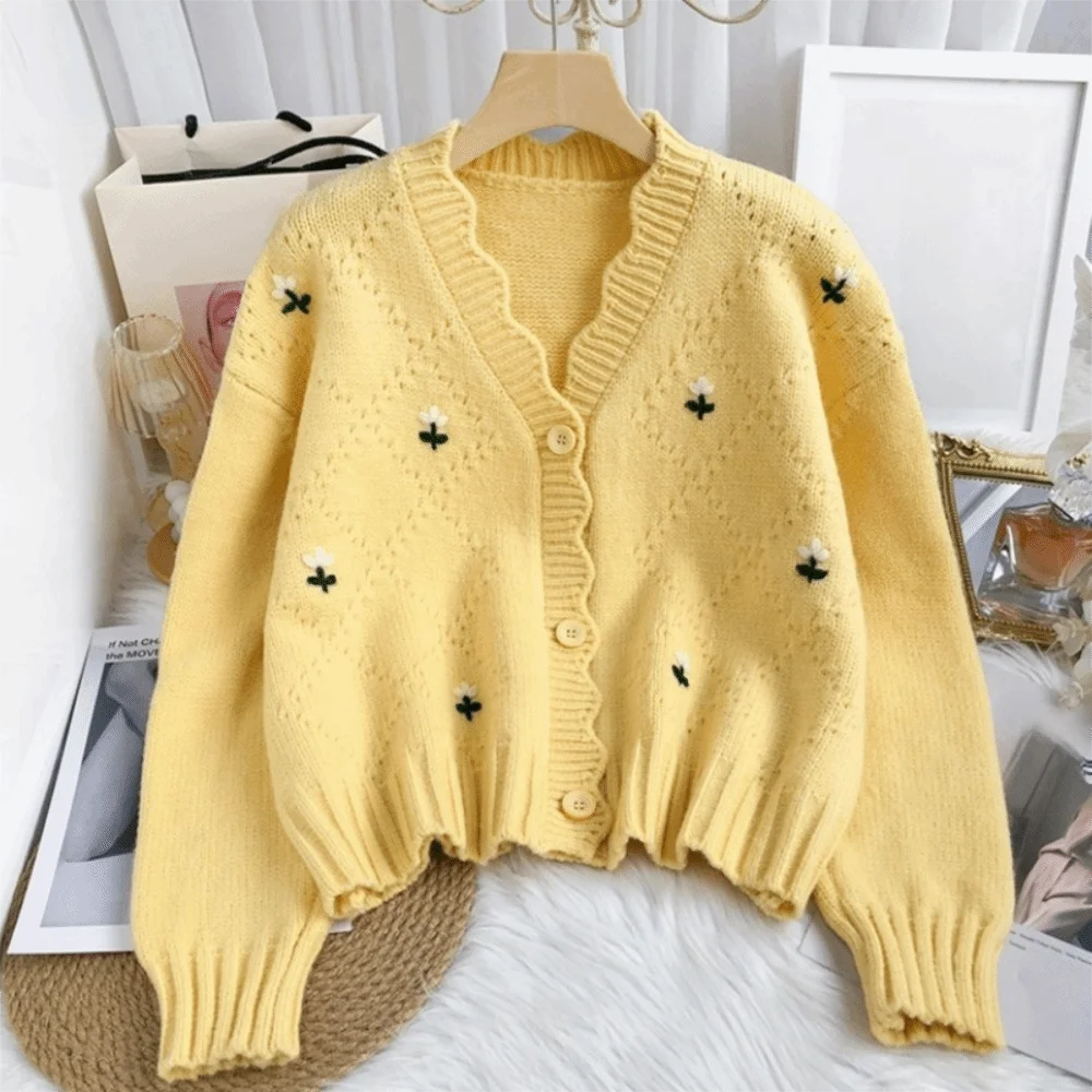 Candy Color Short Knitted Sweater Long Sleeve Flower Embroidery Women Knitted Cardigan Slim INS Korean Style Sweater Female