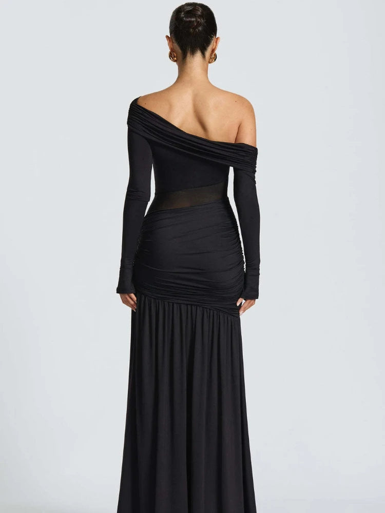 Slanted shoulder long sleeved high slit dress slim fit daily high street punk high street style elegant temperament party dress