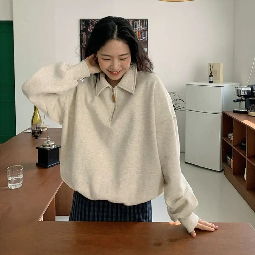 Casual Half High Collar Long Sleeve Top Loose Korean Ins Autumn Hoodie Top Zipper Clothing Sweatshirts for Women Women