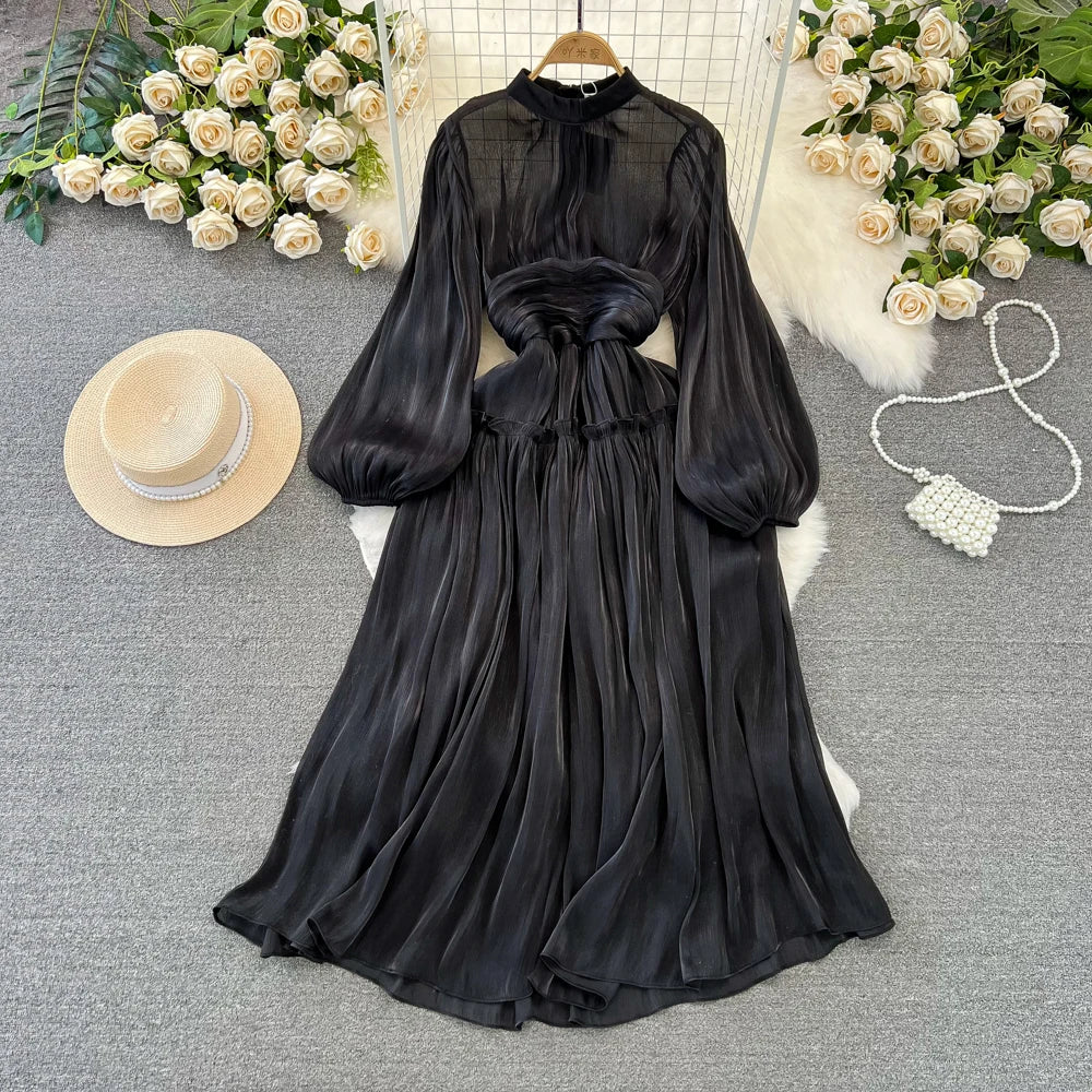 Elegant Long Sleeve Midi Party Dresses Women Summer Autumn Bright Faux Silk Retro Solid Evening Party Vestidos