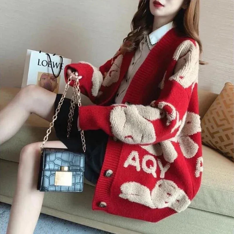 Long Knit Tops for Woman Graphic Black Winter Button Cardigan Cute Women's Sweater Kawaii V-neck Korean Fashion Crochet Luxury