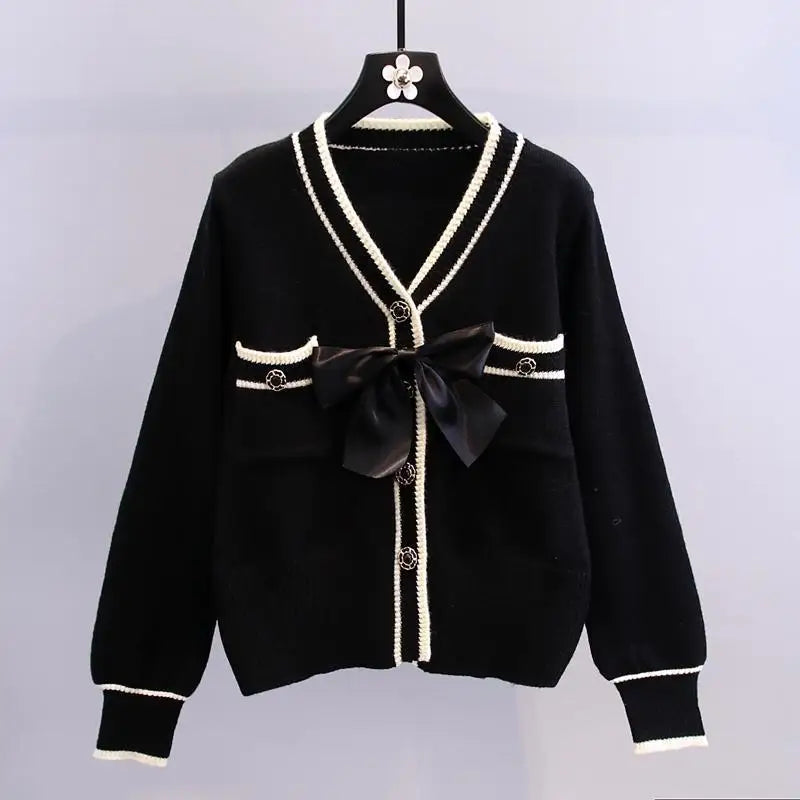 Bow design sweater jacket for women's spring wear new Japanese style western-style age reducing knitted cardigan