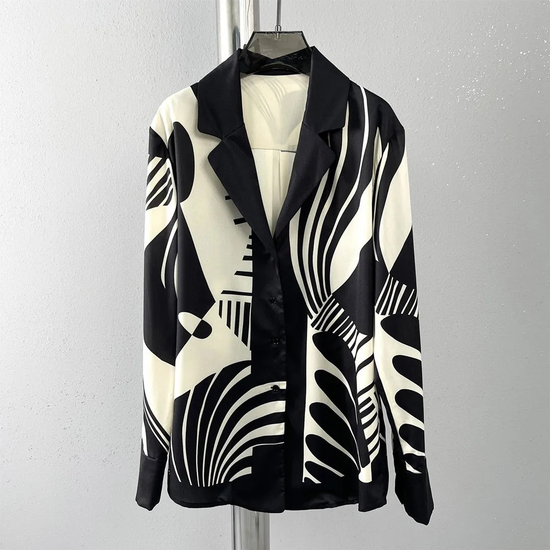 Spring Summer Women Chic Lapel Long Sleeved Blouse Top Fashion Loose Straight Leg Pants Digital Print 2 Piece Set Streetwear