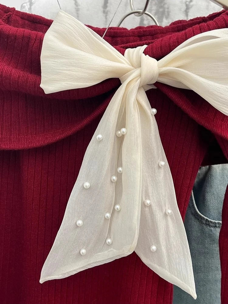 Sweet Korean Fashion Sweater Women's Bow Tied Off Shoulder Irregular Knitted Pullovers Autumn Winter Chic Sexy Short Crop Tops