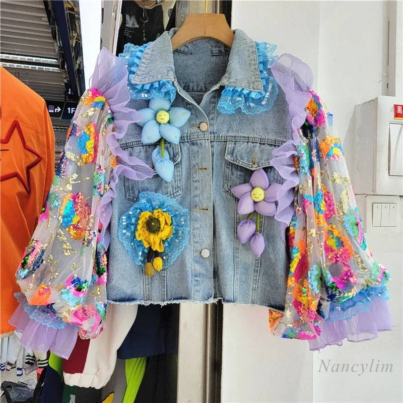 Women 3D Flowers Beaded Denim Bomber Jacket Mesh Ruffles Splice Sequins Jeans Coat Gauze Pleated Cardigan Lantern Sleeve Tops